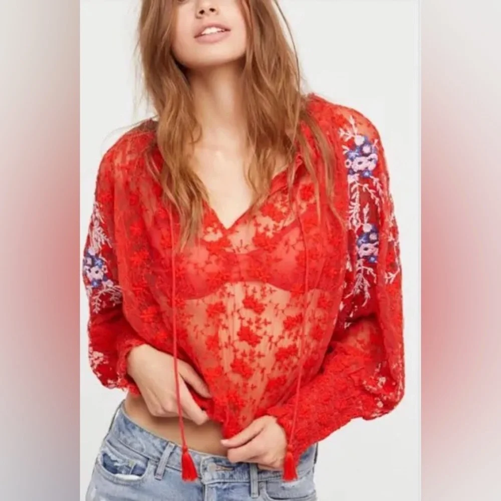 Free People size Large Women's Red Jubilee Floral Embroidered Sheer Lace Top